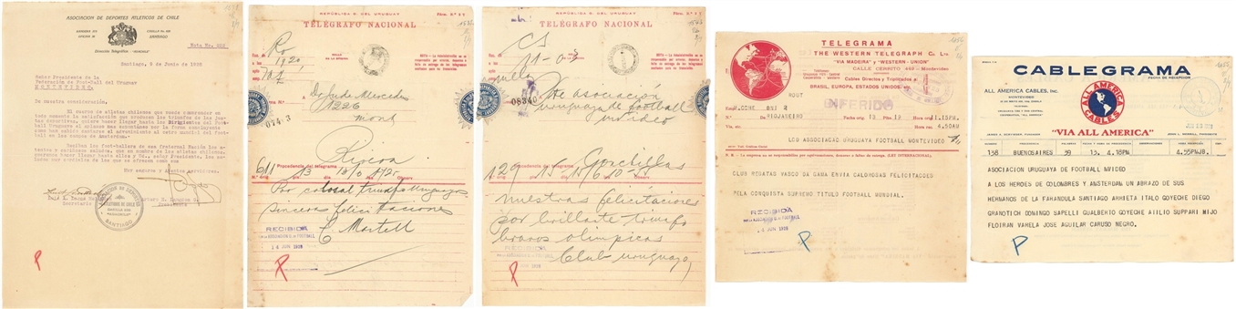 Lot of (5) 1928 Telegraphs & Letter Sent To Uruguayan Team Regarding World Cup Championship (Letter of Provenance)
